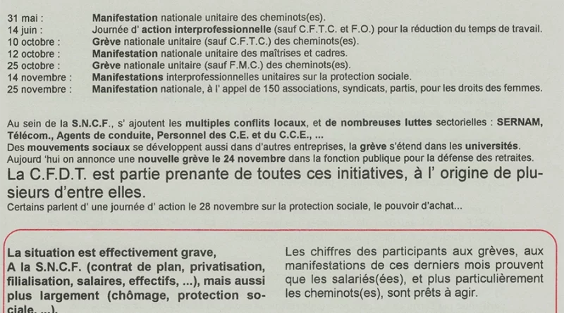 Dès le lendemain des interventions de Juppé et Notat, tract aux cheminot∙es appelant à des AG le 24 novembre et proposition d’appel national fait à toutes les syndicats CFDT Cheminots. Quelques jours plus tard, le premier tract appelant à la grève reconductible. On notera l’utilisation du logo « Syndicats CFDT », à la place du logo confédéral. [Coll. CM]
