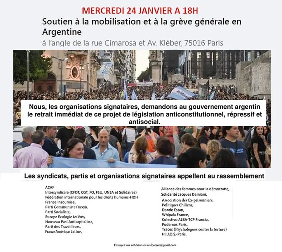 Rassemblement devant l’ambassade d’Argentine à Paris, en soutien à la grève générale du 24 janvier 2024. [Coll. N.C.]