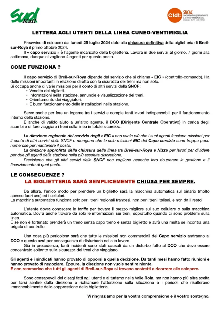 Tract SUD-Rail/CFDT diffusé aux usagers, rédigé en italien. [SUD-Rail]