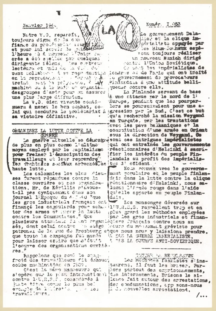 Le recto du premier numéro clandestin de La Vie ouvrière, en janvier 1940 ; reproduit dans 1940-1944, Les V.O. de la nuit, éditions de La Vie ouvrière, 1984 ; [Coll. CM]
