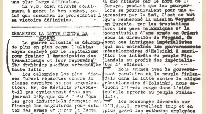Le recto du premier numéro clandestin de La Vie ouvrière, en janvier 1940 ; reproduit dans 1940-1944, Les V.O. de la nuit, éditions de La Vie ouvrière, 1984 ; [Coll. CM]