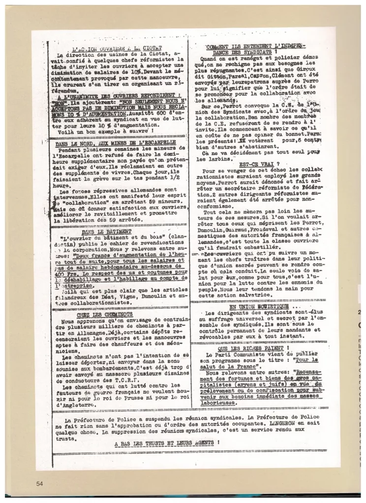 Verso du numéro clandestin de La Vie ouvrière, en mars 1941 ; reproduit dans 1940-1944, Les V.O. de la nuit, éditions de La Vie ouvrière, 1984. [Coll. CM]