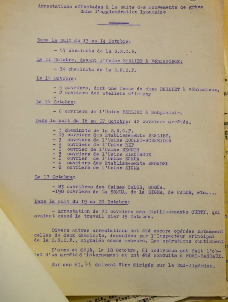 Rapport de police sur les arrestations lors des grèves dans la région lyonnaise, en octobre 1942. [Archives départ. du Rhône – 45 W 65]