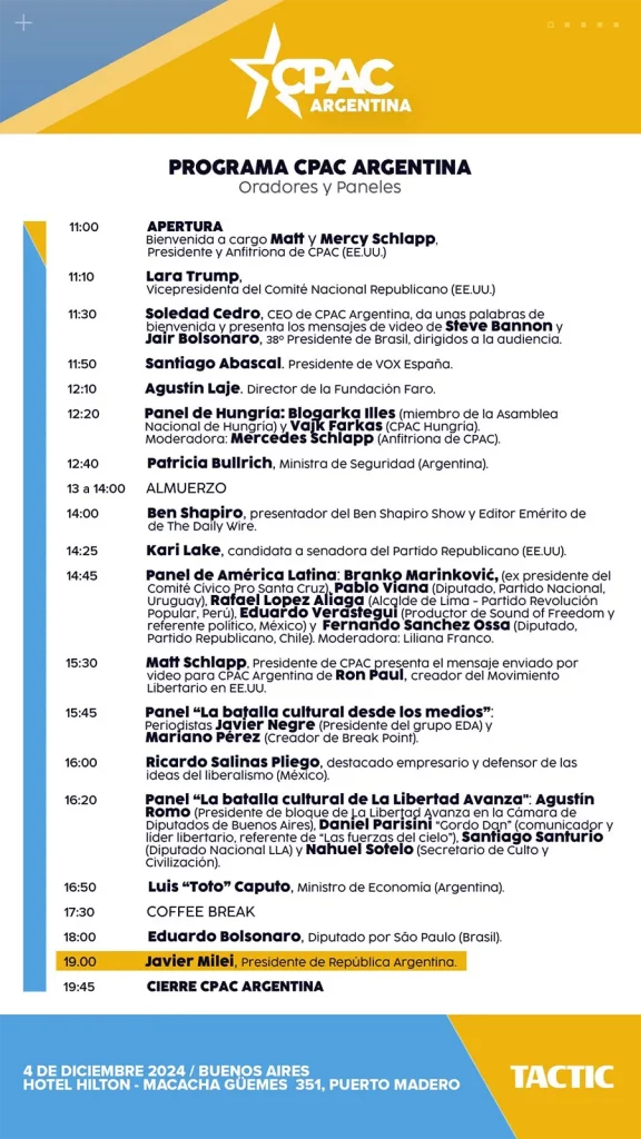 L. Trump, Bannon, J. Bolsonaro, Abascal, Bullrich, E. Bolsonaro, Milei, et d’autres du même acabit, au programme d’une réunion de la Conférence d'action politique conservatrice, en 2024, à Buenos Aires. [DR]