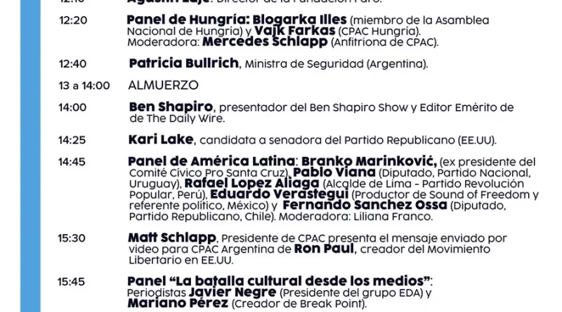 L. Trump, Bannon, J. Bolsonaro, Abascal, Bullrich, E. Bolsonaro, Milei, et d’autres du même acabit, au programme d’une réunion de la Conférence d'action politique conservatrice, en 2024, à Buenos Aires. [DR]