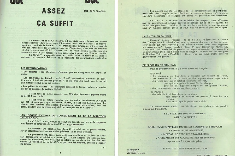 En janvier 1987, l’UIB de Clermont-Ferrand informe sur la grève des cheminots et cheminotes. Elle « appelle toutes ses sections et syndicats à réunir leurs adhérents, à débattre avec les travailleurs, à organiser des collectes pour les cheminots qui en sont à 15 jours de grève ». [Coll. CM]