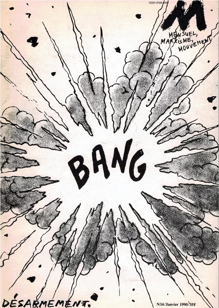 Couv du n°34, en janvier 1990, de M ; dans ce numéro figure l’article de Patrick Silberstein, Patrick Le Tréhondat et Jean-Jacques Ughetto, « Crises et surprises dans l’institution militaire ». [Coll. CM]