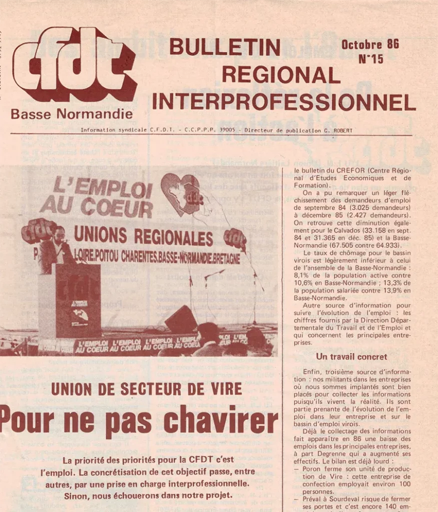 Dans le bulletin de l’URI Basse-Normandie, l’Union interprofessionnelle de secteur de Vire s’exprime, à propos de l’emploi, « pour une prise en charge interprofessionnelle ». [Coll. CM]