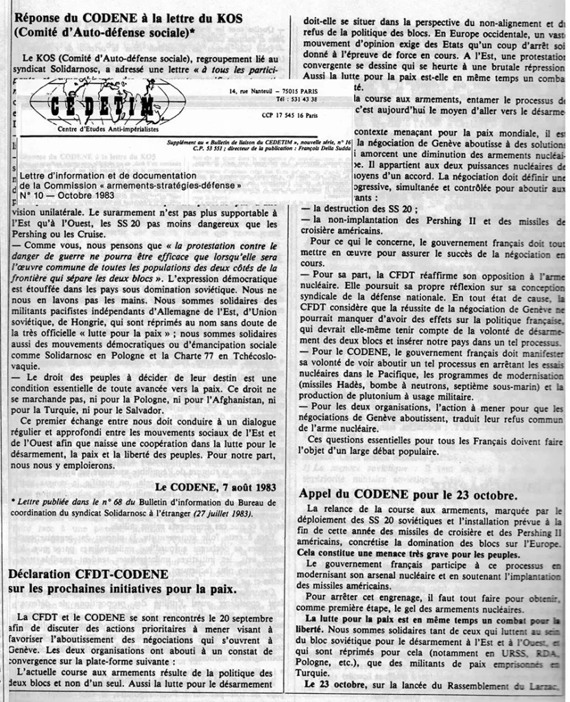 La volonté de réfléchir aux questions de défense n’est pas nouvelle : extrait du n°10, d’octobre 1983, de La lettre d’information et de documentation de la commission armements-stratégies-défense du CEDETIM. [Coll.CM]