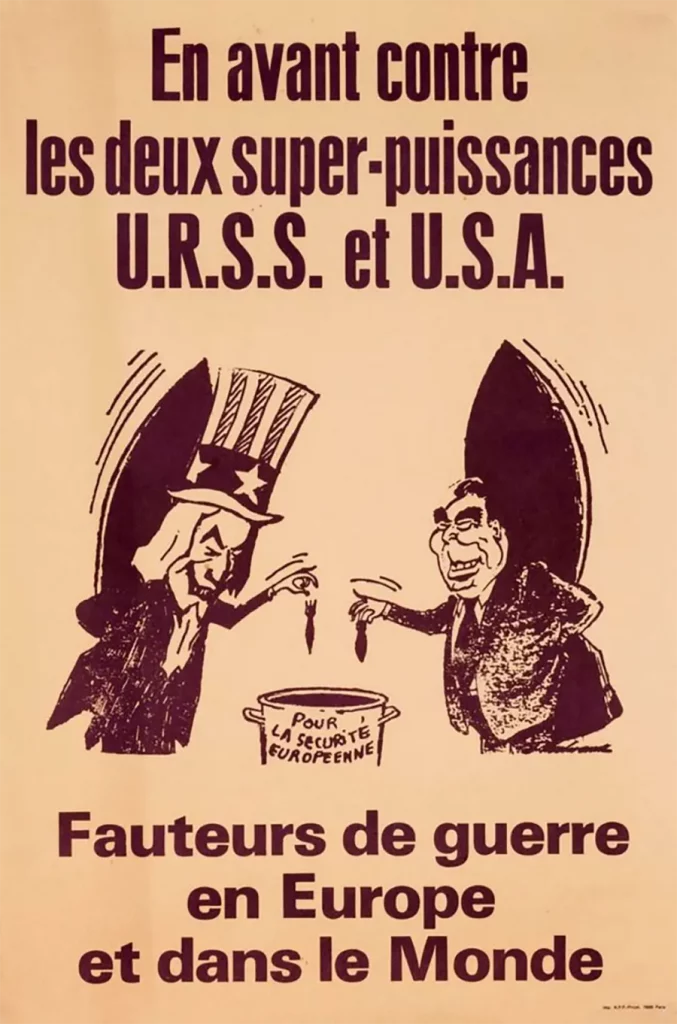 Affiche de 1975 où « l’Oncle Sam » et Brejnev (secrétaire général du Parti communiste de l’Union soviétique et président du Præsidium du Soviet suprême) représentent les deux impérialismes. [Coll. CM]