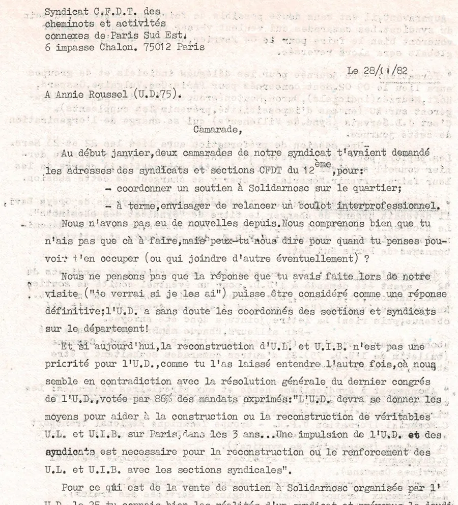 Quelques années plus tard, la ligne confédérale n’est plus au développement des structures interprofessionnelles de base. En atteste par exemple, ce courrier du syndicat des cheminots de Paris-Sud-Est qui déplore que la secrétaire de l’UD n’ait pas répondu à la demande des coordonnées des syndicats du secteur, et ait indiqué que « la reconstruction d’UL et UIB n’est pas une priorité », en contradiction avec la résolution du dernier congrès. [Coll. CM]