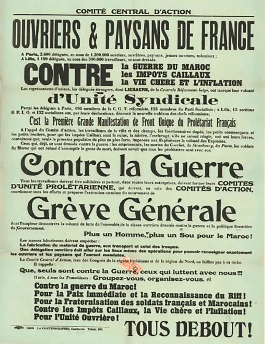Affiche du Comité central d’action « Ouvriers & paysans de France », Bordeaux, 23 août 1925 [Paprik@2F, Archives nationales, fonds de la Direction de la sûreté nationale du ministère de l’Intérieur, F/7/13090]