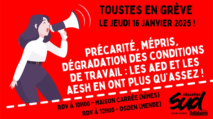 Les victoires juridiques, point d’appui pour amplifier les luttes. Appel à la grève de SUD Éducation Gard-Lozère concernant les AED et AESH. [SUD Éducation 30]