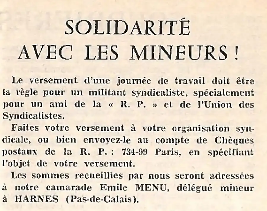 Appel à la solidarité avec les mineurs, dans La Révolution prolétarienne n°481, de mars 1963 : « Le versement d’une journée de travail doit être la règle … ». [Coll. CM]