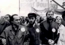 Au temps du casier, dans un cortège SUD PTT, en 1990 : à gauche, Thierry Renard, puis Gérard Coste, Raïola et (à partir de la droite) Annick Coupé, Nelly Martin. [Coll. CM]