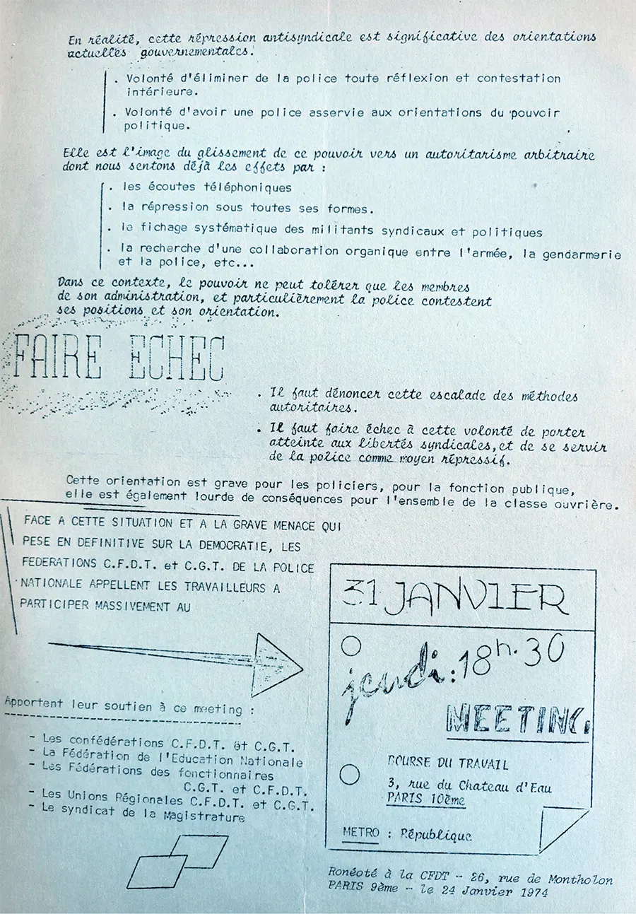 Au verso du tract, un meeting organisé par les fédérations de la police CFDT et CGT, soutenu par leurs confédérations, unions de fonctionnaires et unions régionales interprofessionnelles, ainsi que par le Syndicat de la magistrature et la FEN. [Coll. TTM]