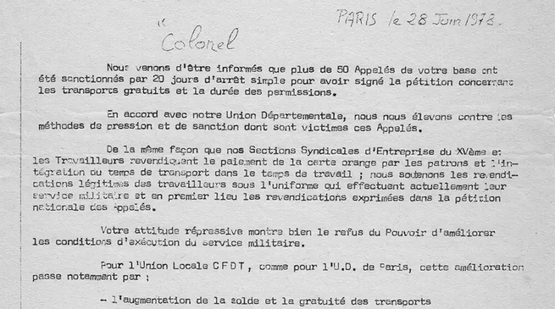 Une Union locale CFDT proteste contre la répression exercée envers des soldats (« des travailleurs sous l’uniforme ») qui ont signé une pétition pour les transports gratuits. [Coll. CM]