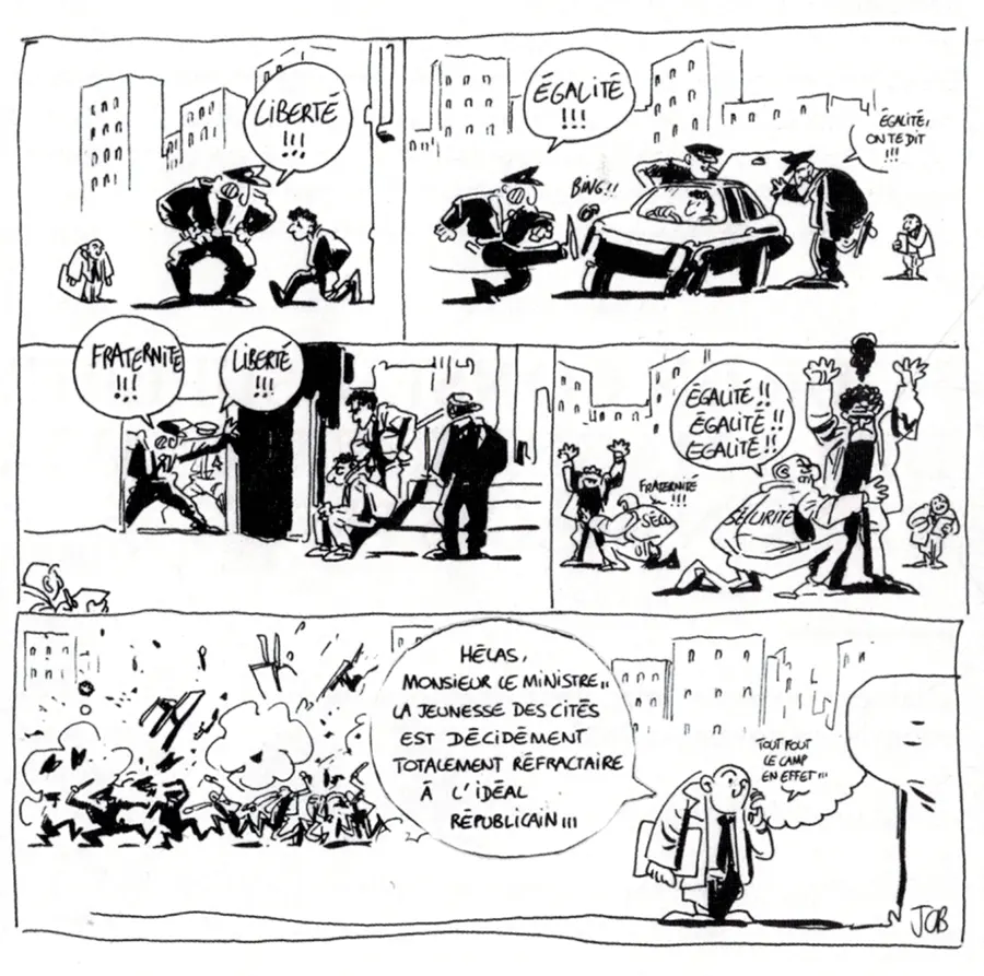 Dessin issu du livre du Syndicat de la magistrature, Juger sans entraves. 50 ans de lutte pour la justice, les droits et les libertés, éditions La découverte, 2018. [J.C. Bouvier]