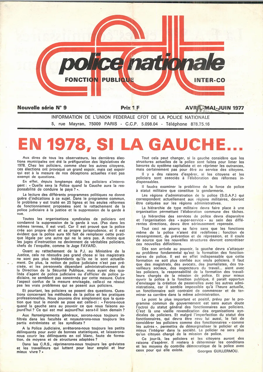 Deuxième trimestre 1977, le journal de l’Union fédérale CFDT de la Police nationale titre sur la possibilité d’arrivée de la gauche au pouvoir en 1978. [DR]