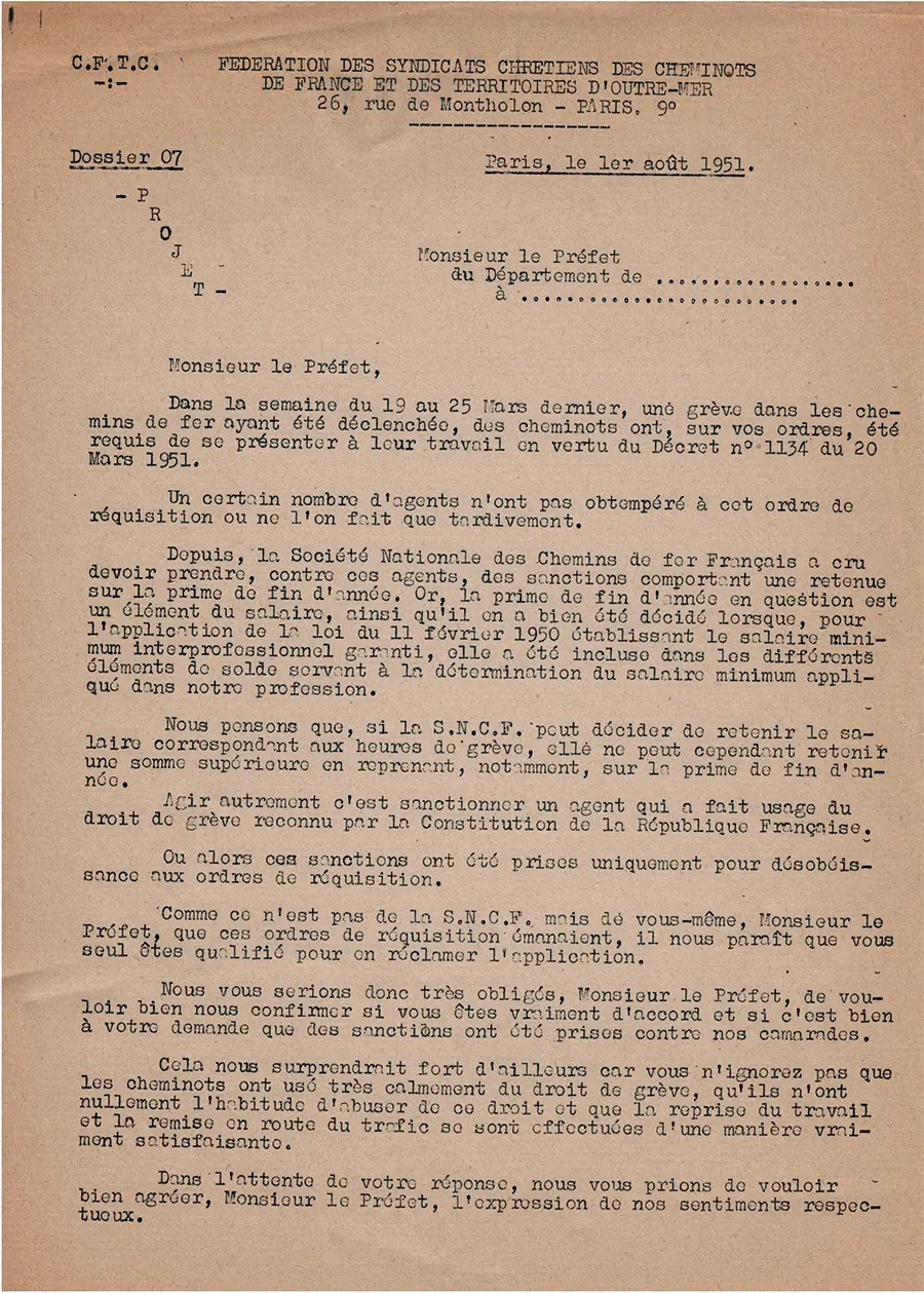 En 1951, la fédération CFTC intervient auprès des préfets, à propos des sanctions contre les agents SNCF qui n’ont pas répondu à l’ordre de réquisition. [Coll. CM]