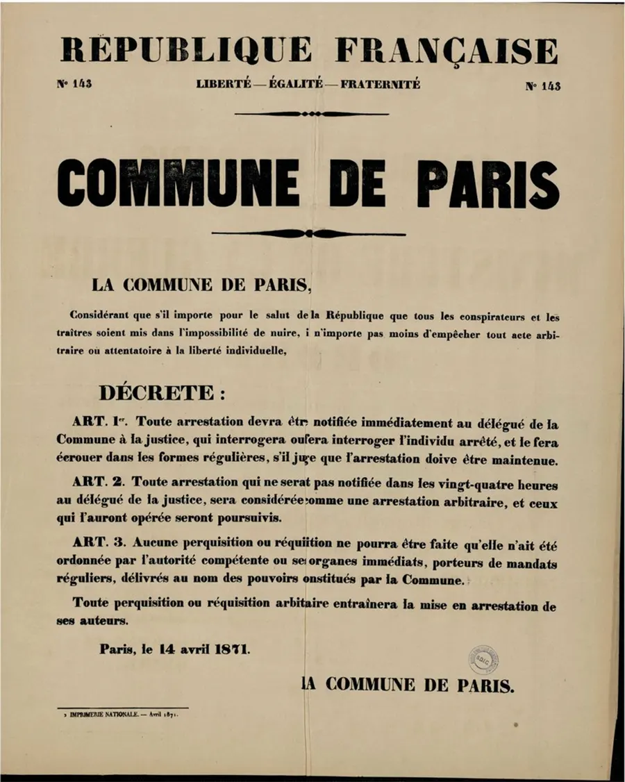 Décret du 14 avril 1871 : « Il n’importe pas moins d’empêcher tout acte arbitraire ou attentatoire à la liberté individuelle » [DR]