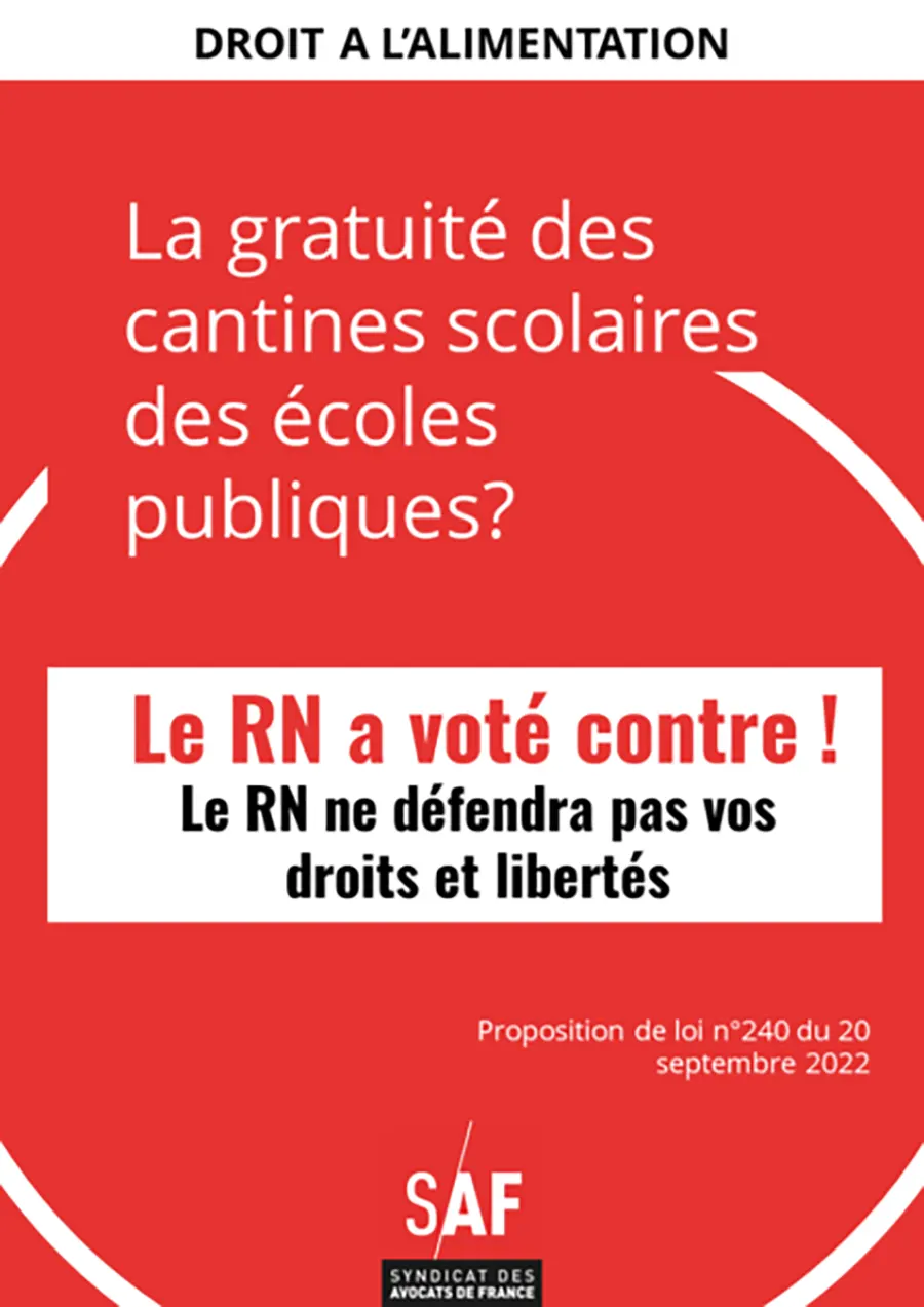 Campagne « Le RN ne défendra pas vos droits et libertés », juin 2024. Parmi les autres thèmes d’affichettes du SAF : « Le rétablissement de l’impôt de solidarité sur la fortune ? Le RN a voté contre ! », « Augmenter le nombre de personnel de greffe, plutôt que de créer des places de prison ? Le RN a voté contre ! », « La restriction du droit de grève des contrôleurs aériens ? Le RN a voté pour ! » [SAF]