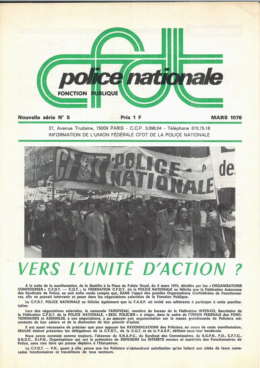 Mars 1976 ; le journal de l’Union fédérale CFDT de la Police nationale fait sa une sur la question de l’unité d’action CGT, CFDT, FASP… [Archives CFDT]