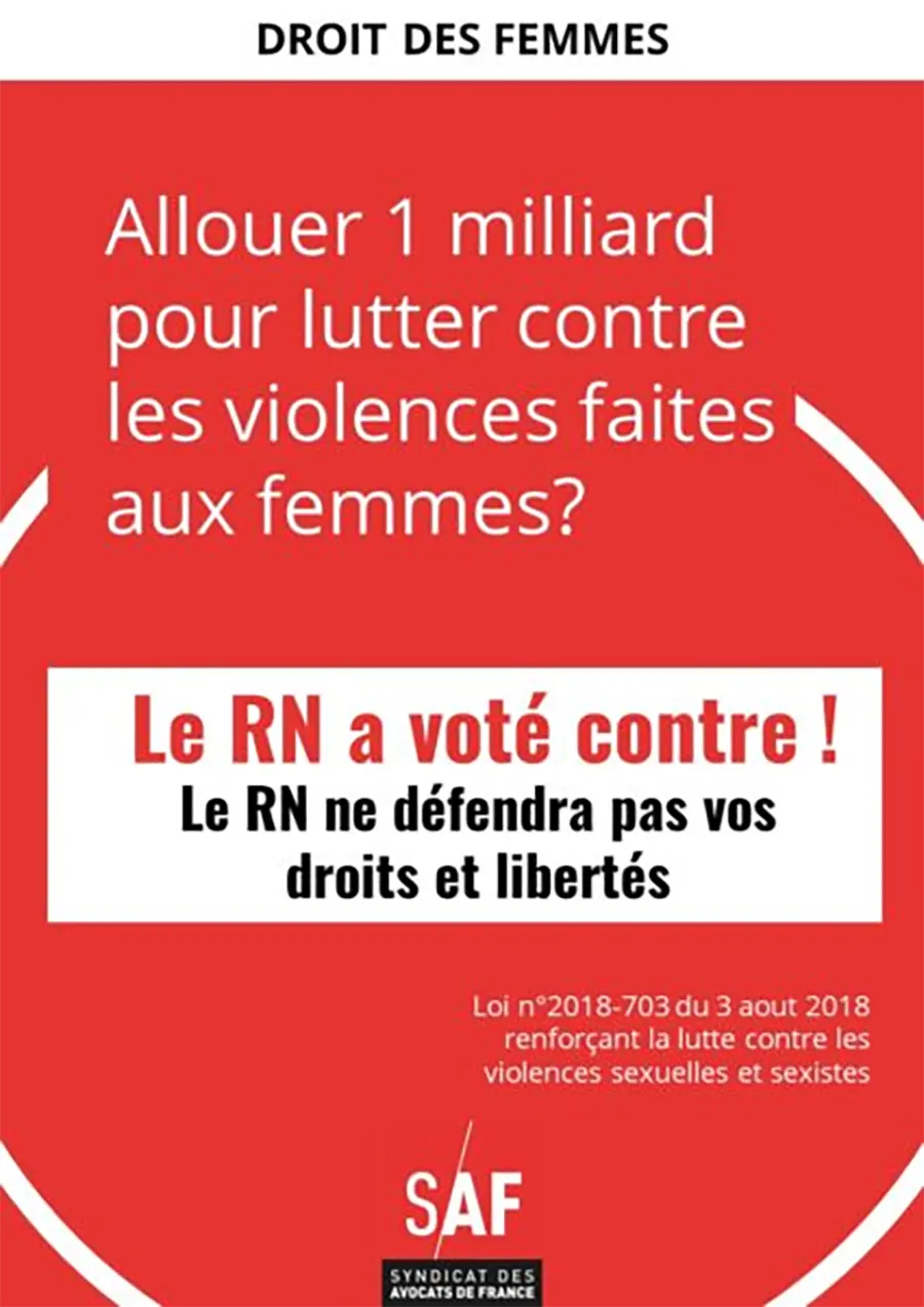 Une des affichettes de la campagne « Le RN ne défendra pas vos droits et libertés », produites par le Syndicat des avocats de France en juin 2024. [SAF]