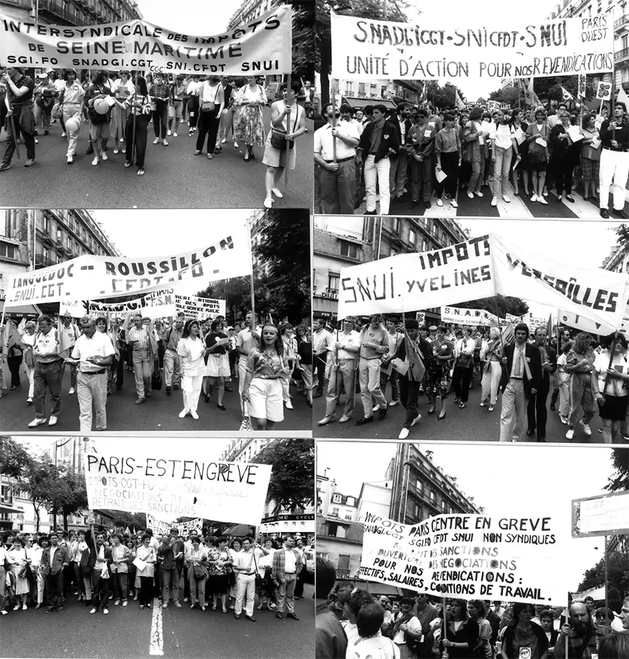 Manifestation à Paris, le 4 juillet 1989 : les cortèges par collectifs de travail, preuve d’un ancrage de masse du mouvement. [Solidaires Finances publiques]