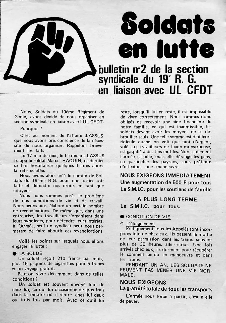 Soldats en lutte, bulletin de section syndicale de Soldats CFDT du 19ème RG de Besançon, novembre 1975 [archives CFDT]