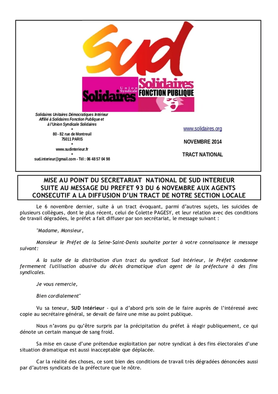 SUD Intérieur intervient à propos des suicides au travail : le préfet dénonce aussitôt une « récupération » ! [Coll. CM]