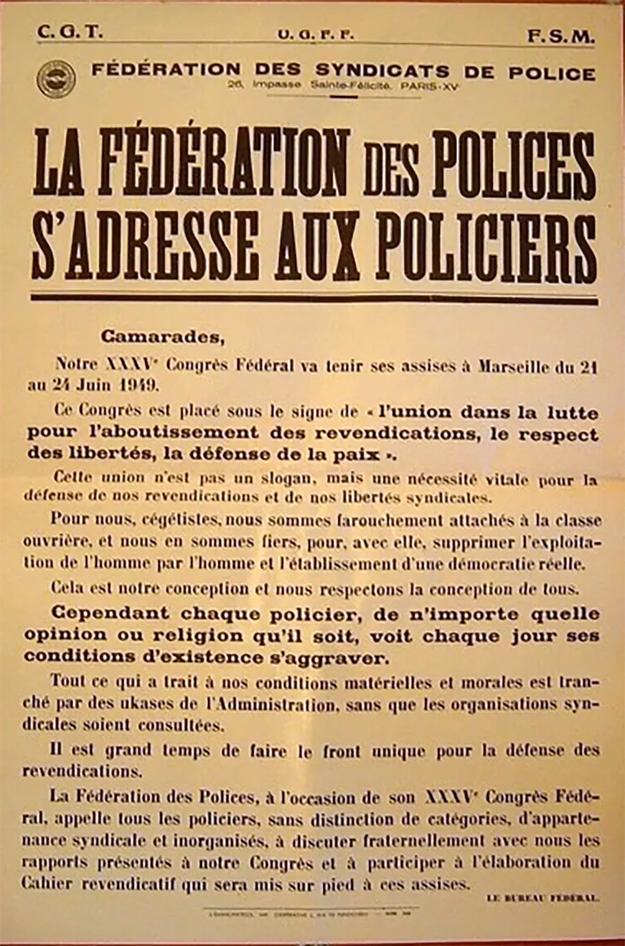 Tract de la fédération des polices de la CGT, 1949. [DR]