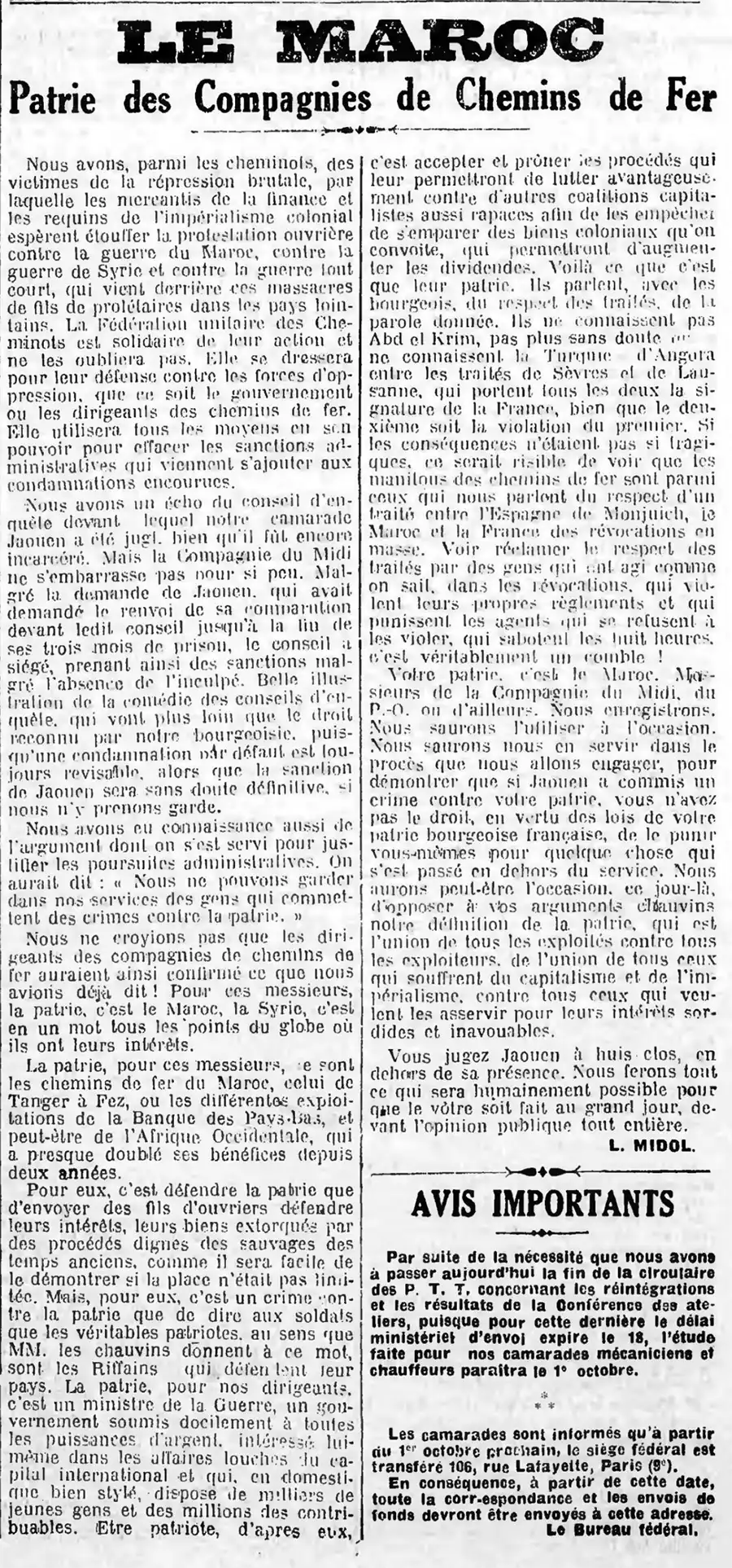 Dans ce même numéro, également à la une, un article sur la répression exercée par les patrons des chemins de fer envers des militants qui agissent contre la guerre coloniale [IHS-CGT Cheminots]