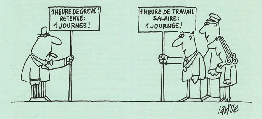 Jusqu’en 1982, les sanctions pécuniaires étaient aussi une forme de répression envers les grévistes. Trois exemples : une occupation lors d’une réunion de Comité mixte d’établissement, un blocage de voies, la participation, sans préavis, aux manifestations contre le coup d’état militaire en Pologne et les arrestations des syndicalistes de Solidarnosc. Le dessin de Laville est paru dans Action juridique CFDT n°3 de mai-juin 1978 ; il dénonce la retenue d’1/30ème du salaire mensuel pour toute grève, même d’une heure, des fonctionnaires et dans les services publics comme la SNCF. [Coll. CM]