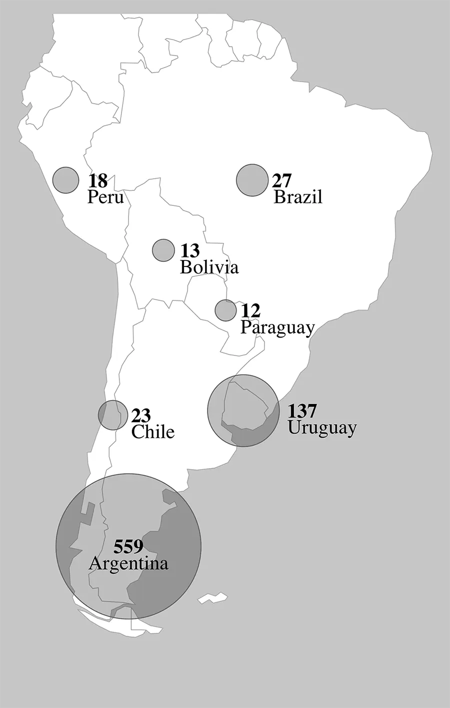 Cartographie de la répartition géographique des victimes de la coordination répressive en Amérique du Sud de 1969 à 1981, in Francesca Lessa, Le plan Condor en procès. Répression sans frontières et crimes contre l’humanité en Amérique du Sud, éditions Syllepse, 2024. [Syllepse]